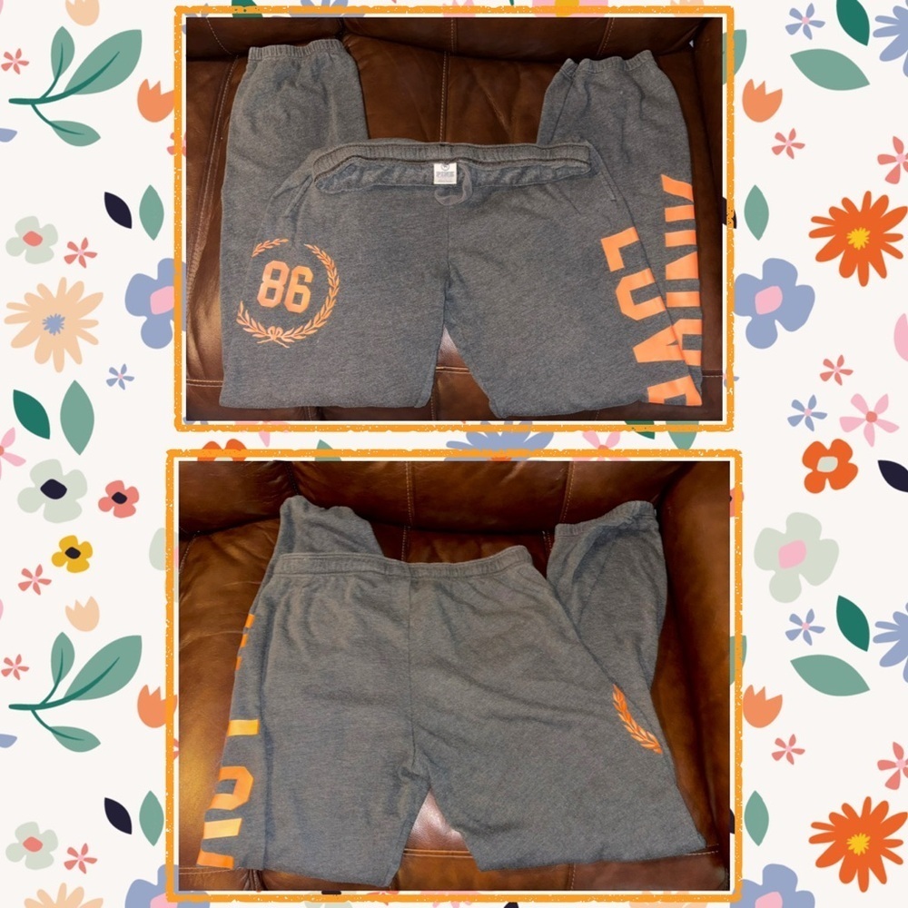 PINK Victoria's Secret Charcoal Gray/Orange Campus Fleece Sweatpants 💖 Size XS - Picture 3 of 12